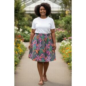 Vtg Cotton Linen Patchwork Floral Elastic Waist Skirt L Multicolor Pockets Funky